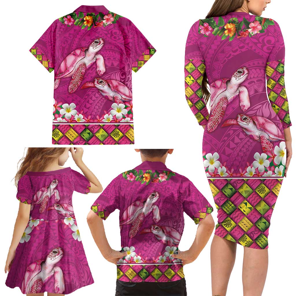 Hawaiian Lei Turtle and Plumeria Family Matching Long Sleeve Bodycon Dress and Hawaiian Shirt Polynerian Art Tattoo-Plum Pink Color