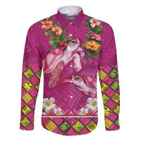 Hawaiian Lei Turtle and Plumeria Family Matching Long Sleeve Bodycon Dress and Hawaiian Shirt Polynerian Art Tattoo-Plum Pink Color