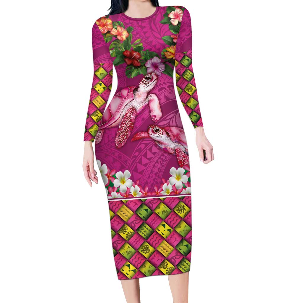 Hawaiian Lei Turtle and Plumeria Family Matching Long Sleeve Bodycon Dress and Hawaiian Shirt Polynerian Art Tattoo-Plum Pink Color