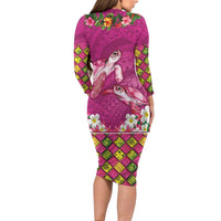 Hawaiian Lei Turtle and Plumeria Family Matching Long Sleeve Bodycon Dress and Hawaiian Shirt Polynerian Art Tattoo-Plum Pink Color
