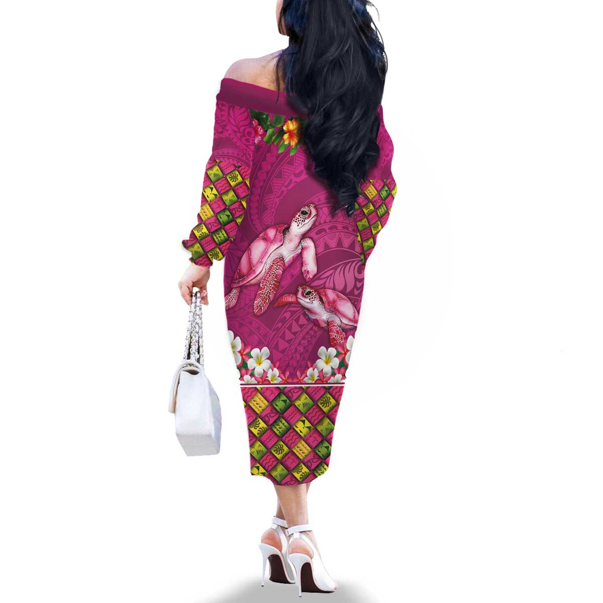 Hawaiian Lei Turtle and Plumeria Family Matching Off The Shoulder Long Sleeve Dress and Hawaiian Shirt Polynerian Art Tattoo-Plum Pink Color