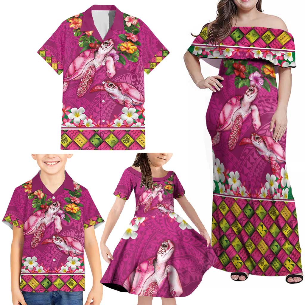 Hawaiian Lei Turtle and Plumeria Family Matching Off Shoulder Maxi Dress and Hawaiian Shirt Polynerian Art Tattoo-Plum Pink Color
