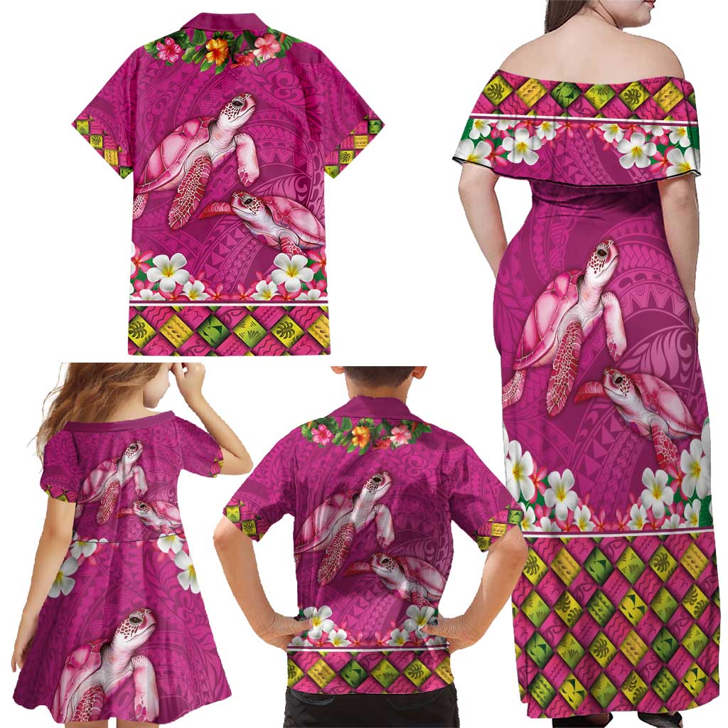 Hawaiian Lei Turtle and Plumeria Family Matching Off Shoulder Maxi Dress and Hawaiian Shirt Polynerian Art Tattoo-Plum Pink Color