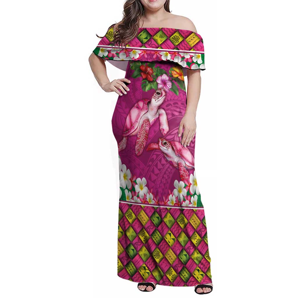 Hawaiian Lei Turtle and Plumeria Family Matching Off Shoulder Maxi Dress and Hawaiian Shirt Polynerian Art Tattoo-Plum Pink Color