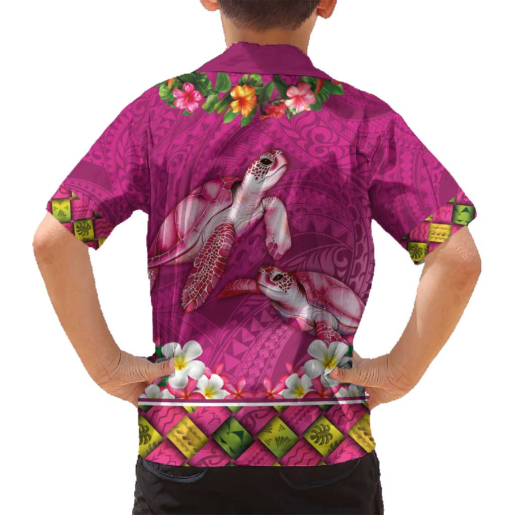 Hawaiian Lei Turtle and Plumeria Family Matching Off Shoulder Short Dress and Hawaiian Shirt Polynerian Art Tattoo-Plum Pink Color