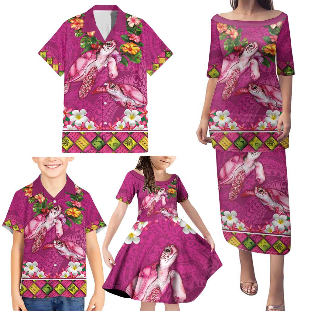 Hawaiian Lei Turtle and Plumeria Family Matching Puletasi and Hawaiian Shirt Polynerian Art Tattoo-Plum Pink Color