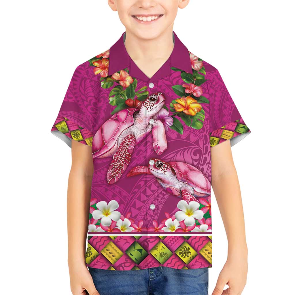 Hawaiian Lei Turtle and Plumeria Family Matching Summer Maxi Dress and Hawaiian Shirt Polynerian Art Tattoo-Plum Pink Color LT03 Son's Shirt Pink - Polynesian Pride