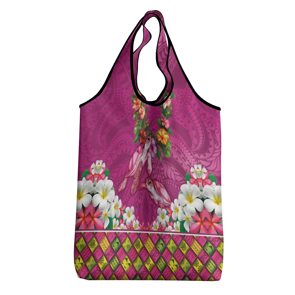 Hawaiian Lei Turtle and Plumeria Grocery Bag Polynerian Art Tattoo-Plum Pink Color