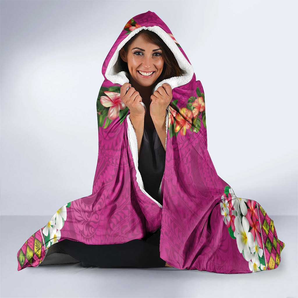 Hawaiian Lei Turtle and Plumeria Hooded Blanket Polynerian Art Tattoo-Plum Pink Color