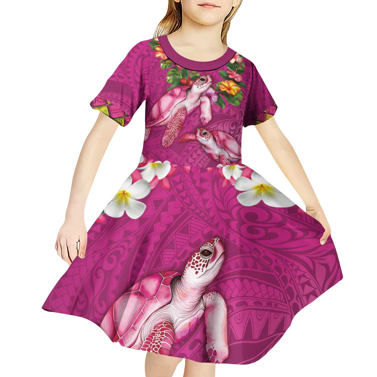 Hawaiian Lei Turtle and Plumeria Kid Short Sleeve Dress Polynerian Art Tattoo-Plum Pink Color