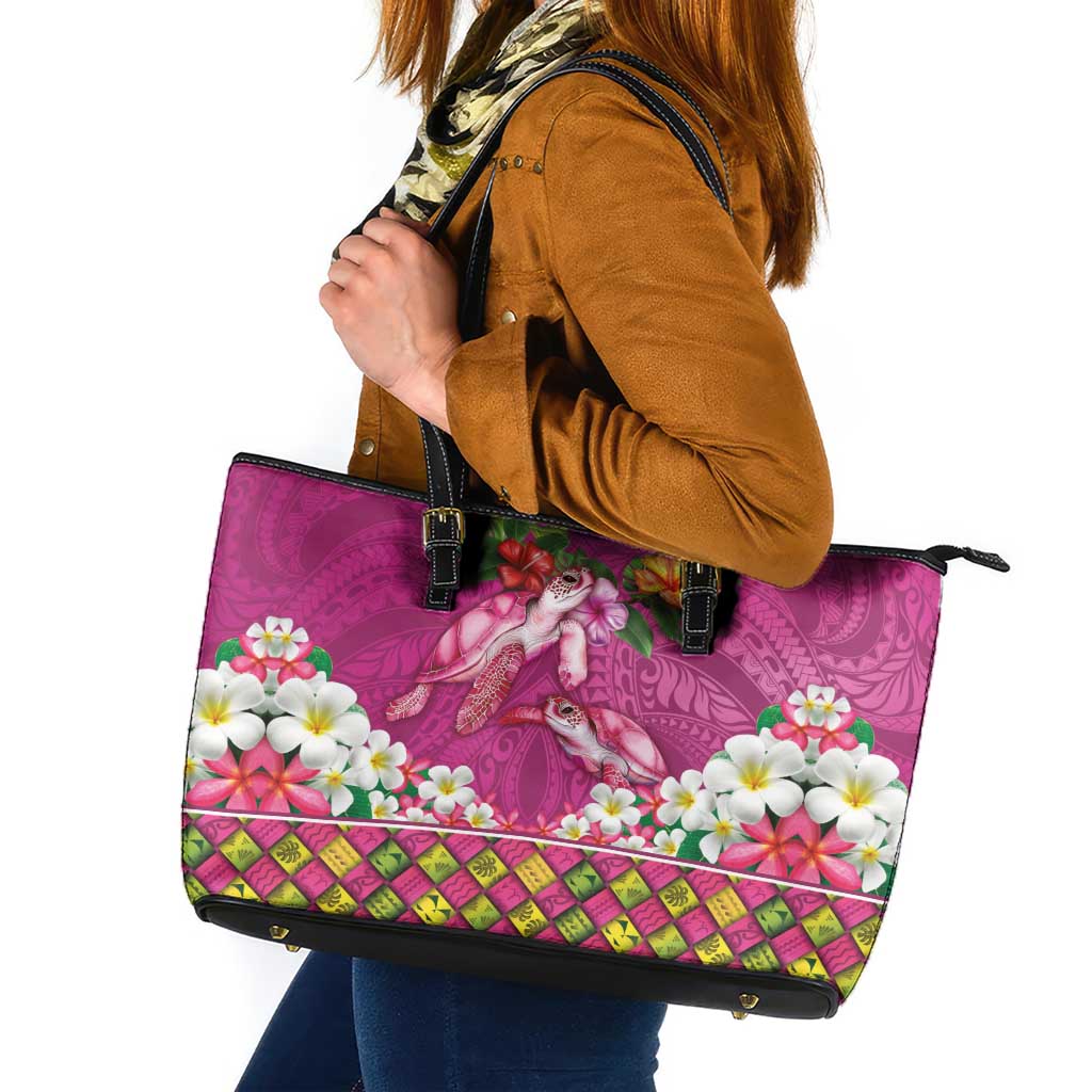 Hawaiian Lei Turtle and Plumeria Leather Tote Bag Polynerian Art Tattoo-Plum Pink Color LT03 Pink - Polynesian Pride
