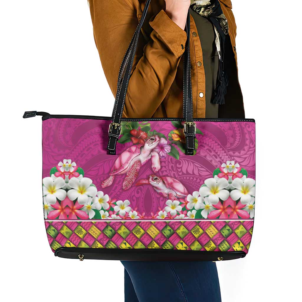 Hawaiian Lei Turtle and Plumeria Leather Tote Bag Polynerian Art Tattoo-Plum Pink Color LT03 - Polynesian Pride