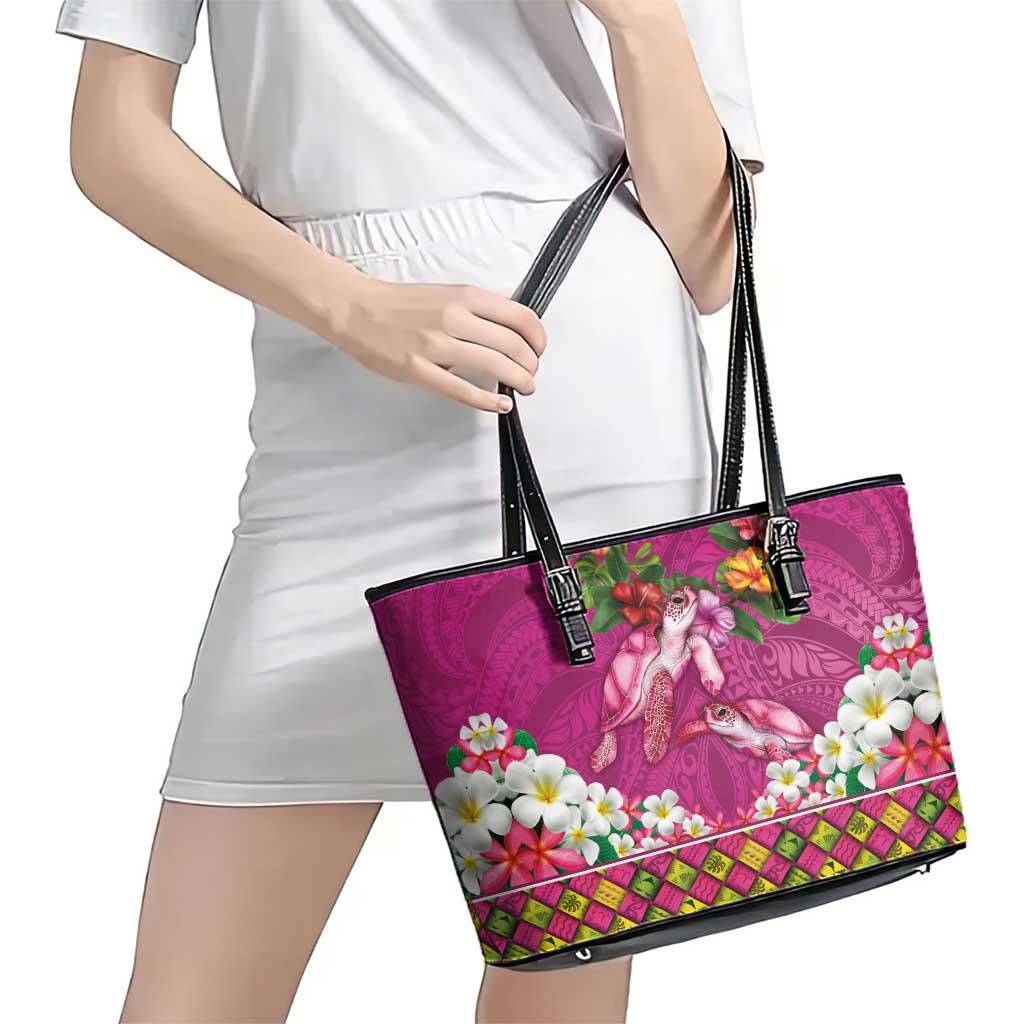 Hawaiian Lei Turtle and Plumeria Leather Tote Bag Polynerian Art Tattoo-Plum Pink Color LT03 - Polynesian Pride