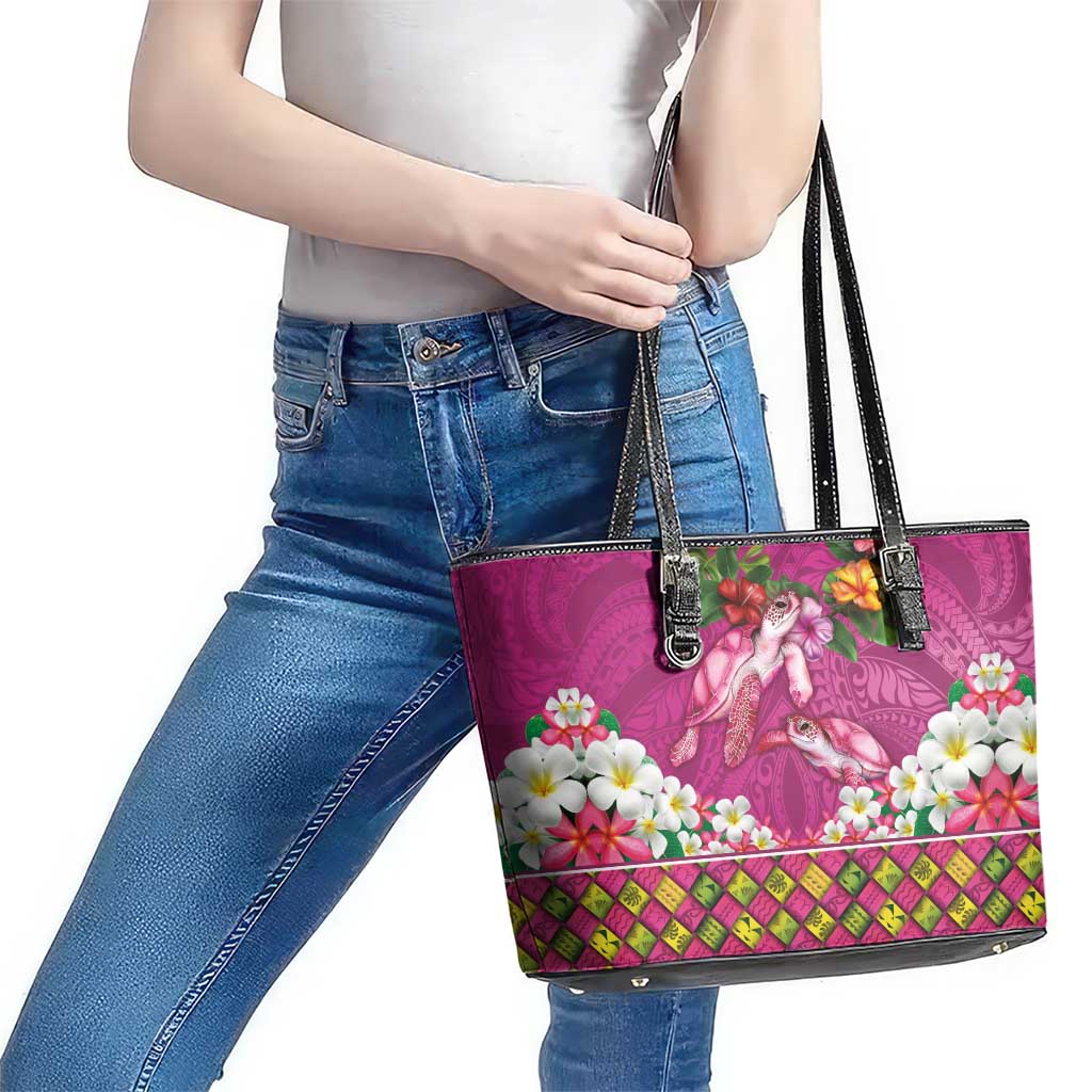 Hawaiian Lei Turtle and Plumeria Leather Tote Bag Polynerian Art Tattoo-Plum Pink Color LT03 - Polynesian Pride