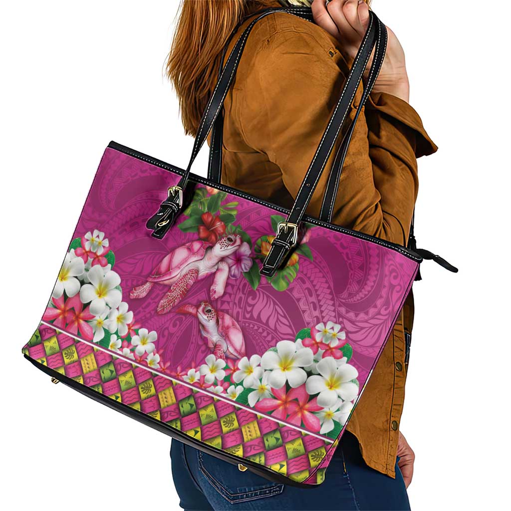 Hawaiian Lei Turtle and Plumeria Leather Tote Bag Polynerian Art Tattoo-Plum Pink Color LT03 - Polynesian Pride