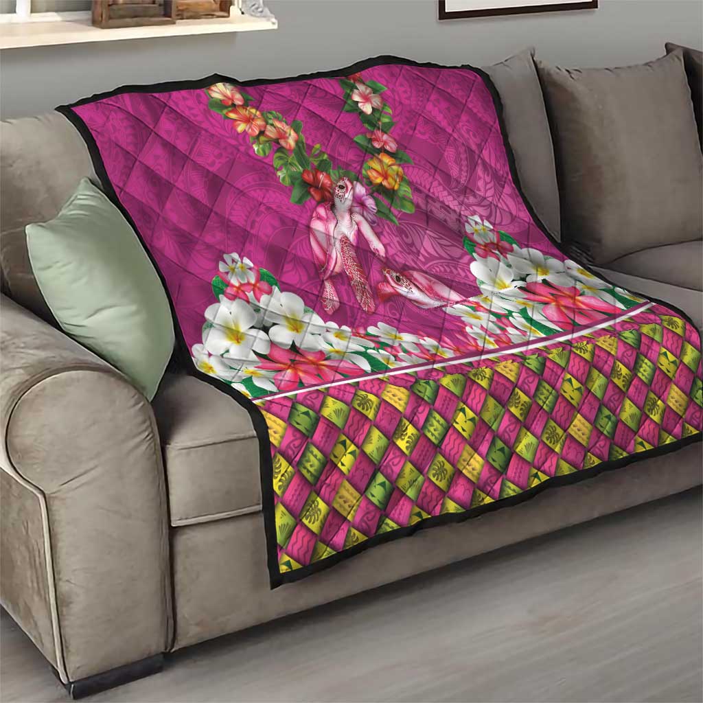 Hawaiian Lei Turtle and Plumeria Quilt Polynerian Art Tattoo-Plum Pink Color