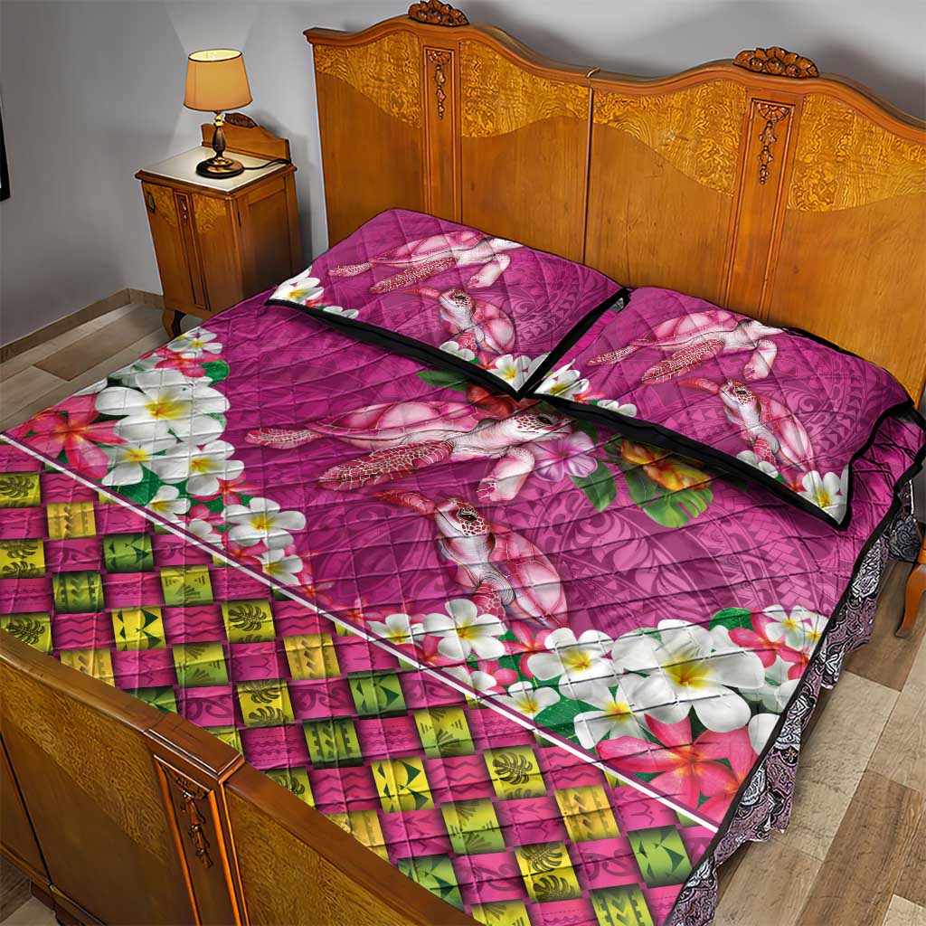 Hawaiian Lei Turtle and Plumeria Quilt Bed Set Polynerian Art Tattoo-Plum Pink Color