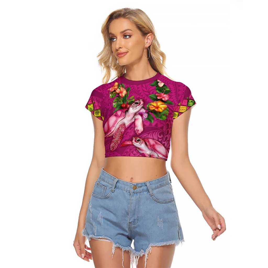 Hawaiian Lei Turtle and Plumeria Raglan Cropped T Shirt Polynerian Art Tattoo-Plum Pink Color