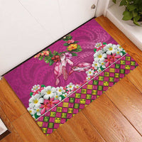 Hawaiian Lei Turtle and Plumeria Rubber Doormat Polynerian Art Tattoo-Plum Pink Color