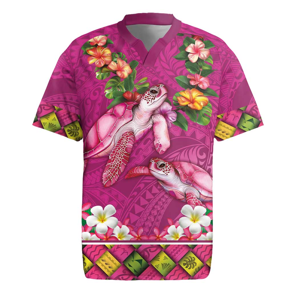 Hawaiian Lei Turtle and Plumeria Rugby Jersey Polynerian Art Tattoo-Plum Pink Color