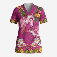 Hawaiian Lei Turtle and Plumeria Scrub Top Polynerian Art Tattoo-Plum Pink Color - Polynesian Pride