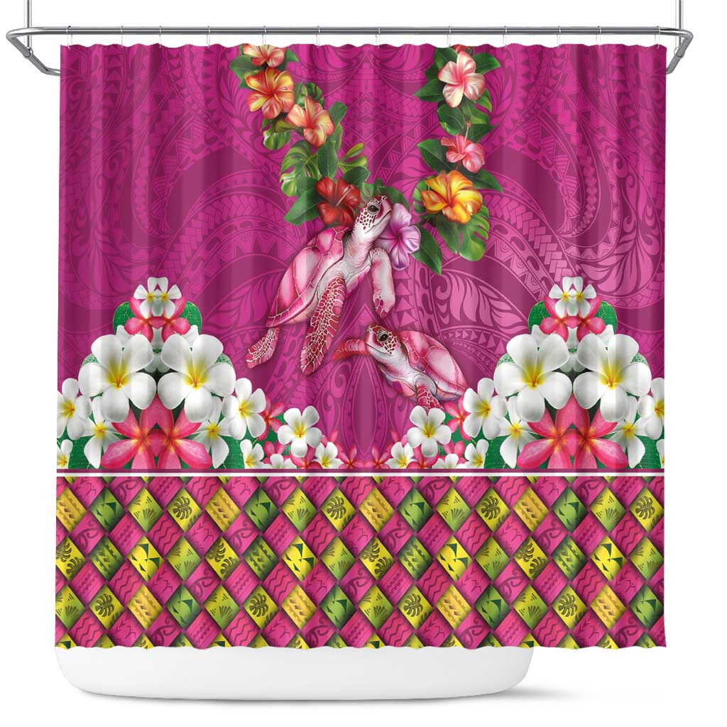 Hawaiian Lei Turtle and Plumeria Shower Curtain Polynerian Art Tattoo-Plum Pink Color LT03 Pink - Polynesian Pride