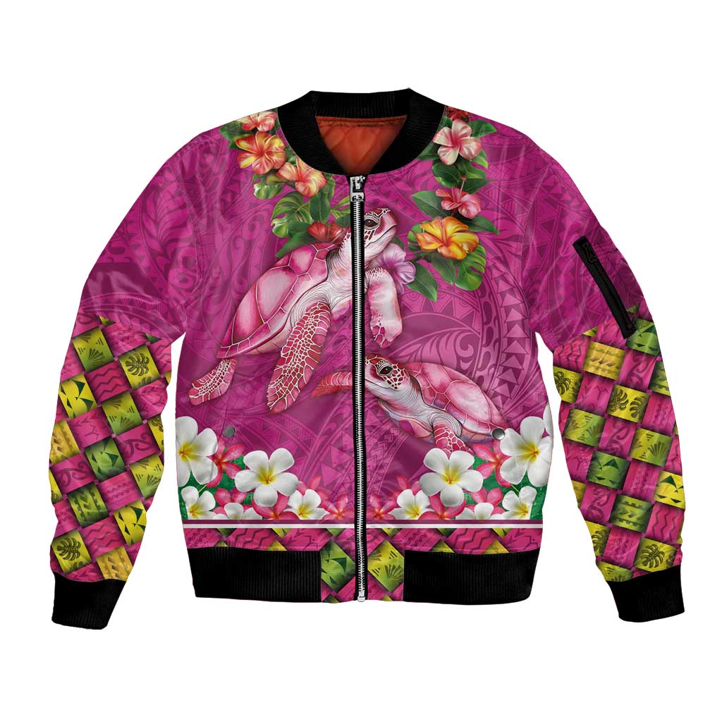 Hawaiian Lei Turtle and Plumeria Sleeve Zip Bomber Jacket Polynerian Art Tattoo-Plum Pink Color LT03 Unisex Pink - Polynesian Pride