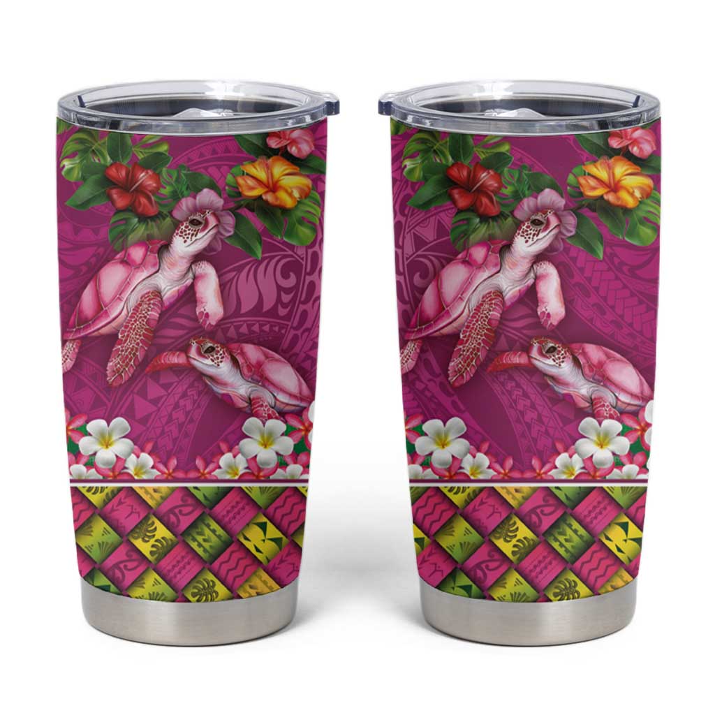 Hawaiian Lei Turtle and Plumeria Tumbler Cup Polynerian Art Tattoo-Plum Pink Color