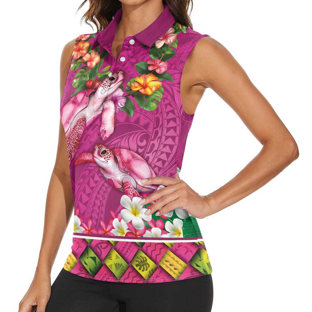 Hawaiian Lei Turtle and Plumeria Women Sleeveless Polo Shirt Polynerian Art Tattoo-Plum Pink Color