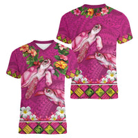 Hawaiian Lei Turtle and Plumeria Women V-Neck T-Shirt Polynerian Art Tattoo-Plum Pink Color