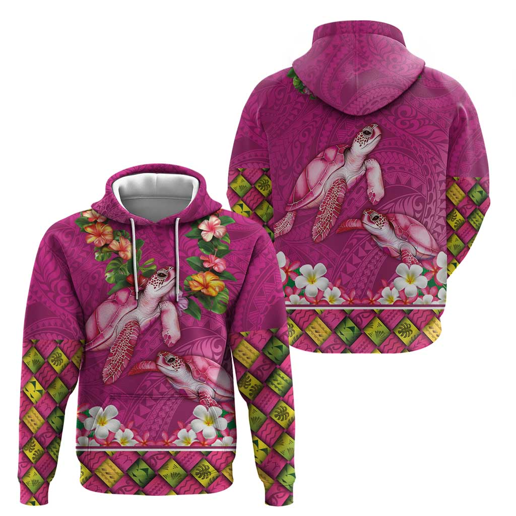 Hawaiian Lei Turtle and Plumeria Zip Hoodie Polynerian Art Tattoo-Plum Pink Color