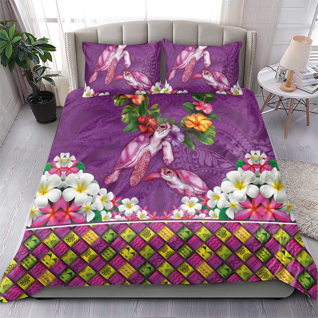 Hawaiian Lei Turtle and Plumeria Bedding Set Polynerian Art Tattoo-Mauve Color