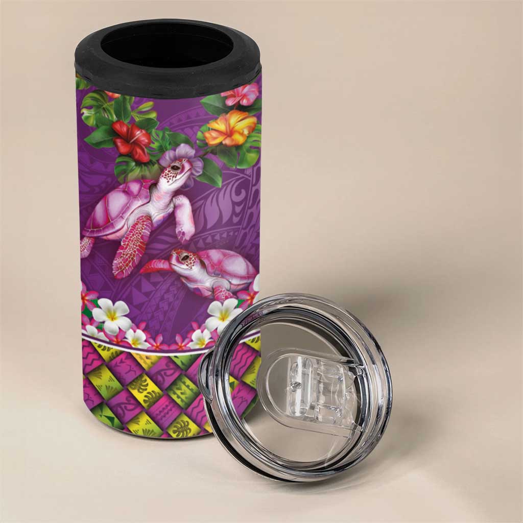 Hawaiian Lei Turtle and Plumeria 4 in 1 Can Cooler Tumbler Polynerian Art Tattoo-Mauve Color