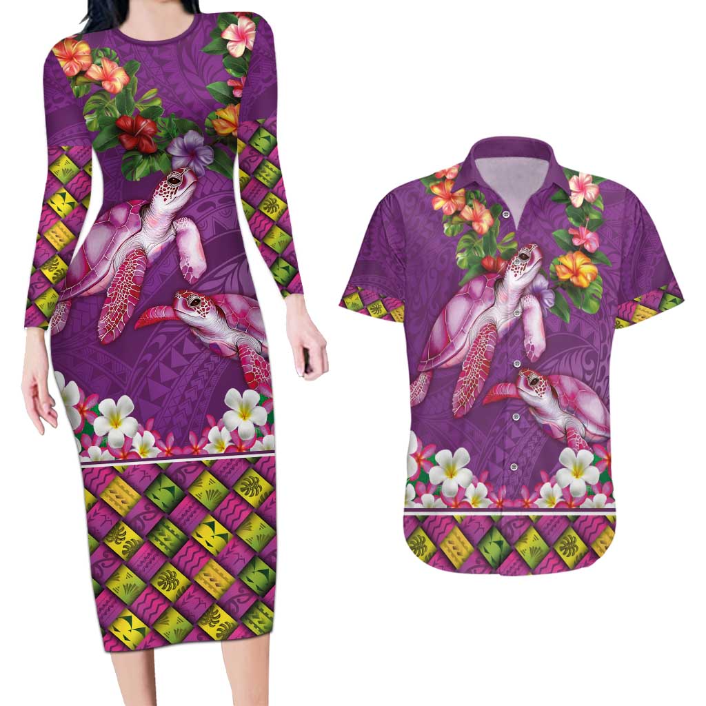 Hawaiian Lei Turtle and Plumeria Couples Matching Long Sleeve Bodycon Dress and Hawaiian Shirt Polynerian Art Tattoo-Mauve Color