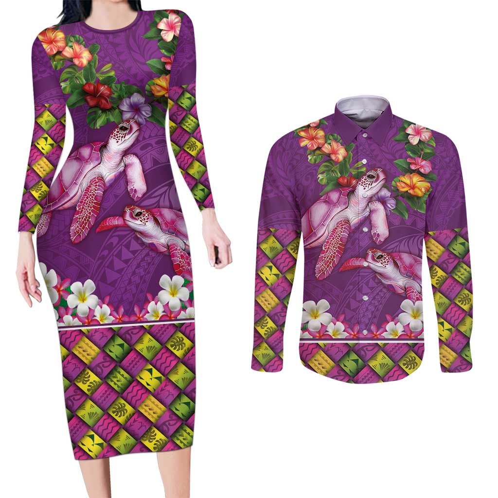 Hawaiian Lei Turtle and Plumeria Couples Matching Long Sleeve Bodycon Dress and Long Sleeve Button Shirt Polynerian Art Tattoo-Mauve Color