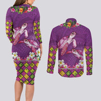 Hawaiian Lei Turtle and Plumeria Couples Matching Long Sleeve Bodycon Dress and Long Sleeve Button Shirt Polynerian Art Tattoo-Mauve Color