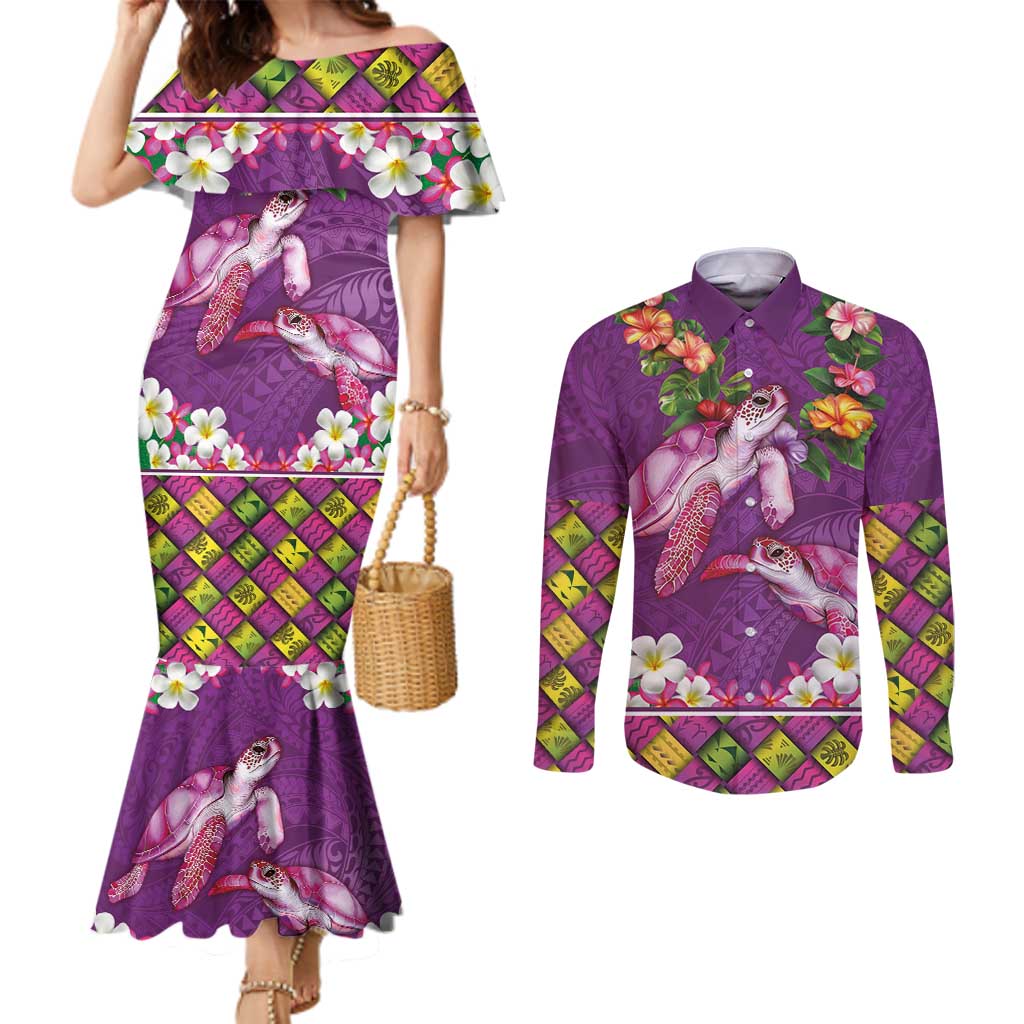 Hawaiian Lei Turtle and Plumeria Couples Matching Mermaid Dress and Long Sleeve Button Shirt Polynerian Art Tattoo-Mauve Color LT03 Purple - Polynesian Pride