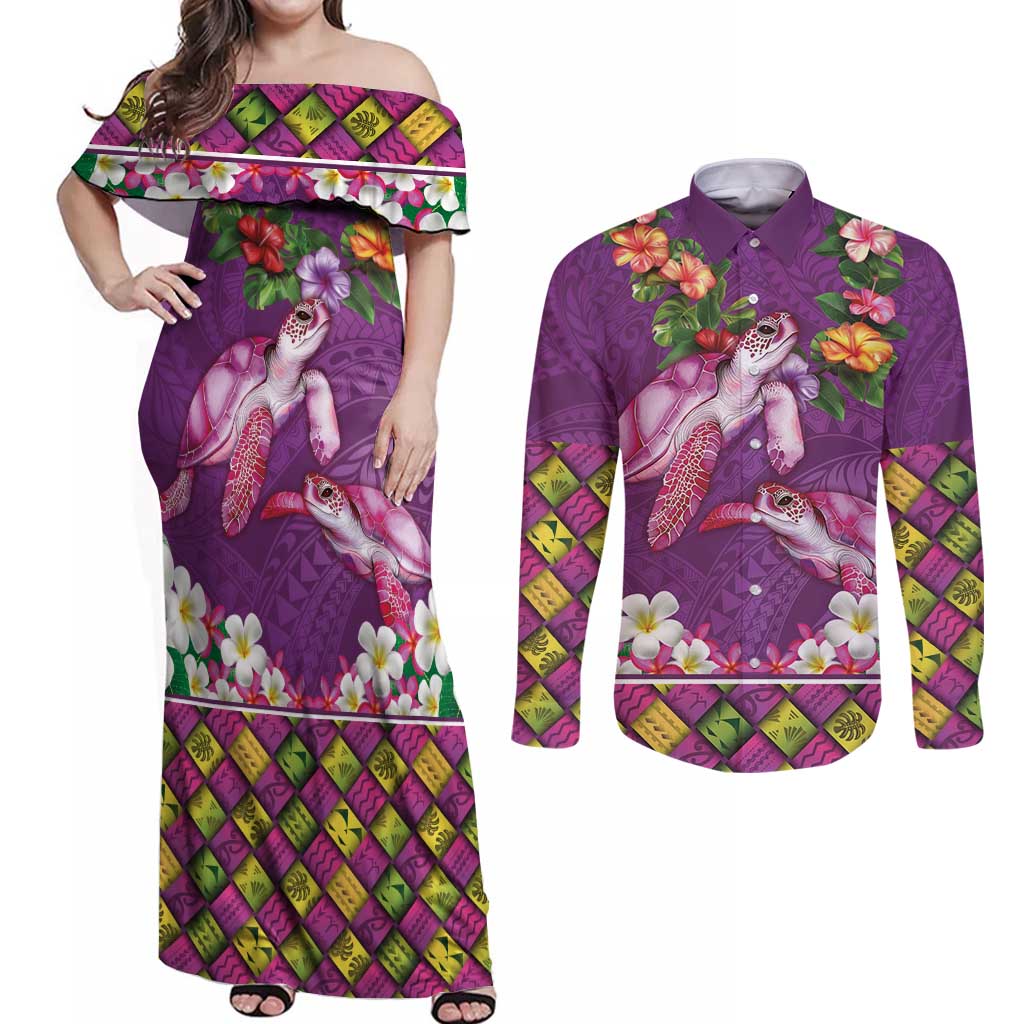 Hawaiian Lei Turtle and Plumeria Couples Matching Off Shoulder Maxi Dress and Long Sleeve Button Shirt Polynerian Art Tattoo-Mauve Color LT03 Purple - Polynesian Pride