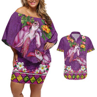 Hawaiian Lei Turtle and Plumeria Couples Matching Off Shoulder Short Dress and Hawaiian Shirt Polynerian Art Tattoo-Mauve Color