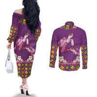 Hawaiian Lei Turtle and Plumeria Couples Matching Off The Shoulder Long Sleeve Dress and Long Sleeve Button Shirt Polynerian Art Tattoo-Mauve Color
