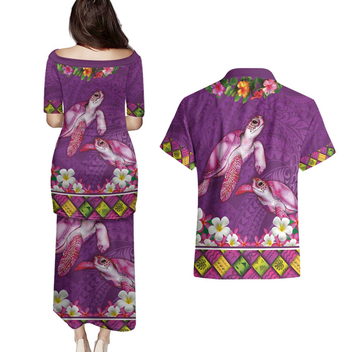 Hawaiian Lei Turtle and Plumeria Couples Matching Puletasi and Hawaiian Shirt Polynerian Art Tattoo-Mauve Color