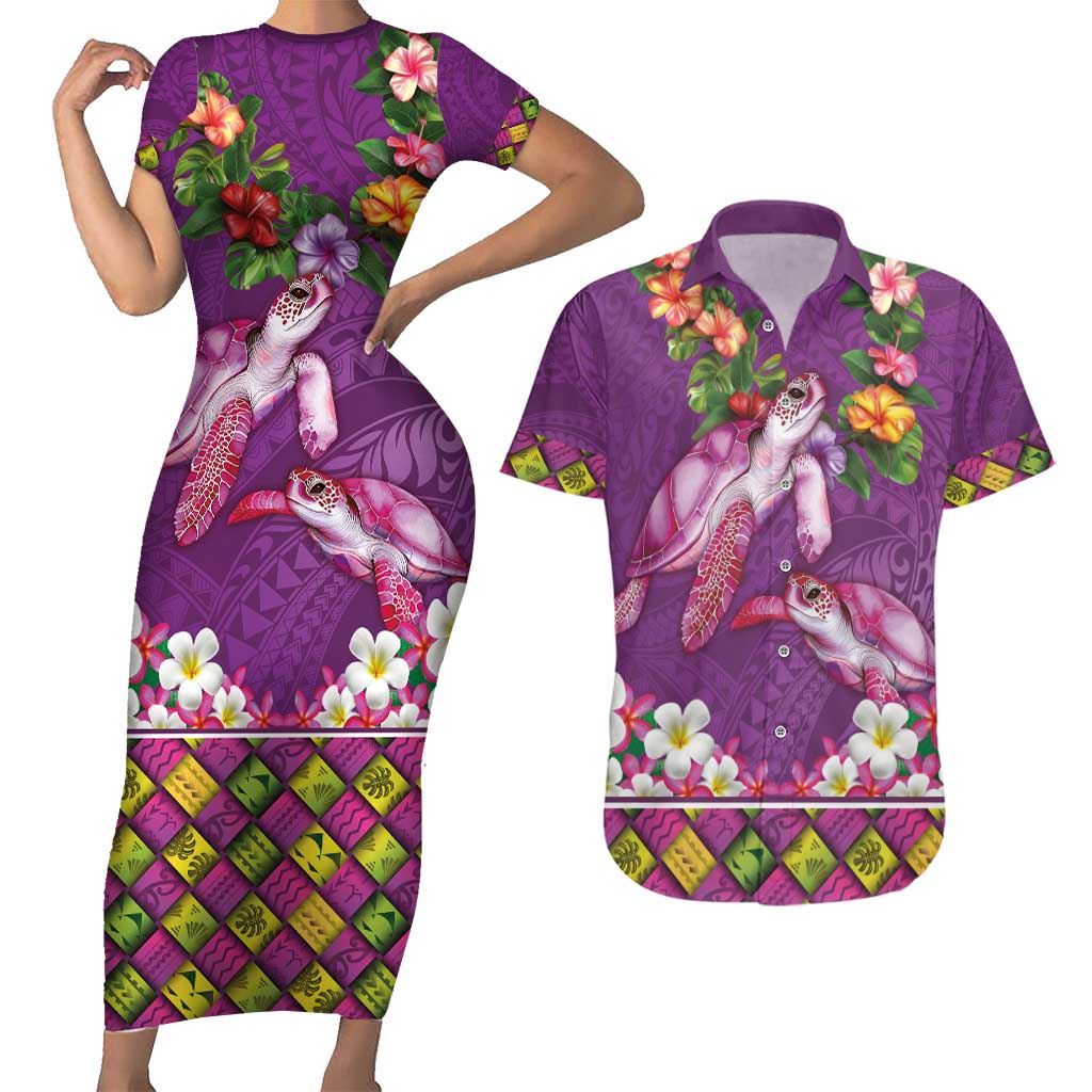 Hawaiian Lei Turtle and Plumeria Couples Matching Short Sleeve Bodycon Dress and Hawaiian Shirt Polynerian Art Tattoo-Mauve Color LT03 Purple - Polynesian Pride