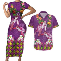 Hawaiian Lei Turtle and Plumeria Couples Matching Short Sleeve Bodycon Dress and Hawaiian Shirt Polynerian Art Tattoo-Mauve Color