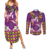 Hawaiian Lei Turtle and Plumeria Couples Matching Summer Maxi Dress and Long Sleeve Button Shirt Polynerian Art Tattoo-Mauve Color