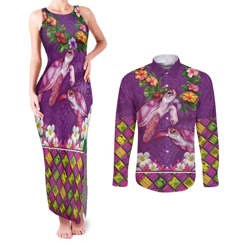 Hawaiian Lei Turtle and Plumeria Couples Matching Tank Maxi Dress and Long Sleeve Button Shirt Polynerian Art Tattoo-Mauve Color