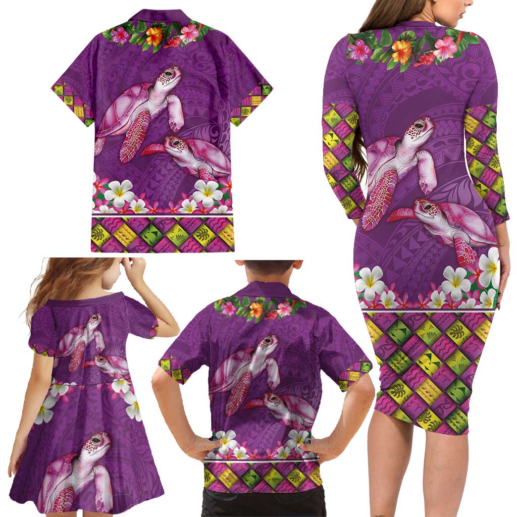 Hawaiian Lei Turtle and Plumeria Family Matching Long Sleeve Bodycon Dress and Hawaiian Shirt Polynerian Art Tattoo-Mauve Color