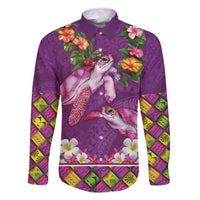 Hawaiian Lei Turtle and Plumeria Family Matching Off Shoulder Short Dress and Hawaiian Shirt Polynerian Art Tattoo-Mauve Color LT03 Dad's Shirt - Long Sleeve Purple - Polynesian Pride
