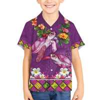 Hawaiian Lei Turtle and Plumeria Family Matching Off Shoulder Short Dress and Hawaiian Shirt Polynerian Art Tattoo-Mauve Color LT03 Son's Shirt Purple - Polynesian Pride