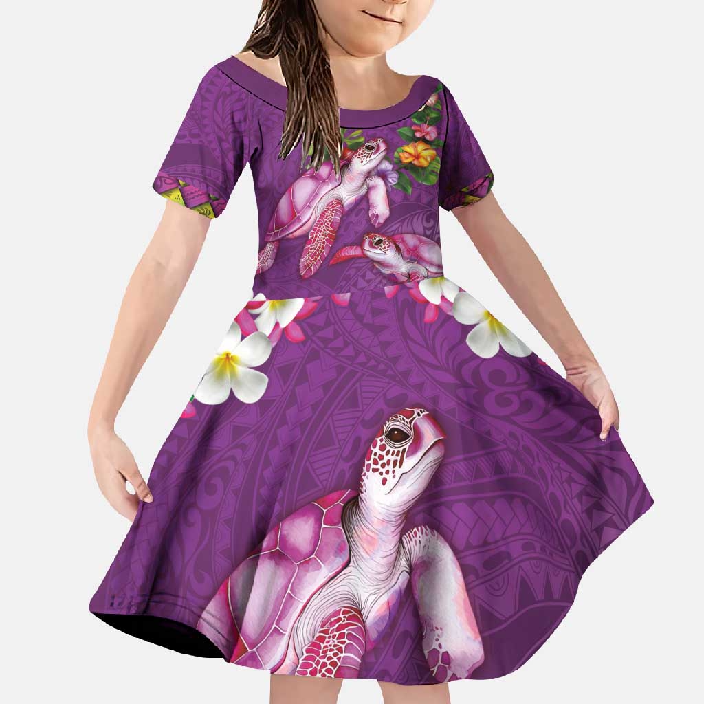 Hawaiian Lei Turtle and Plumeria Family Matching Summer Maxi Dress and Hawaiian Shirt Polynerian Art Tattoo-Mauve Color LT03 Daughter's Dress Purple - Polynesian Pride
