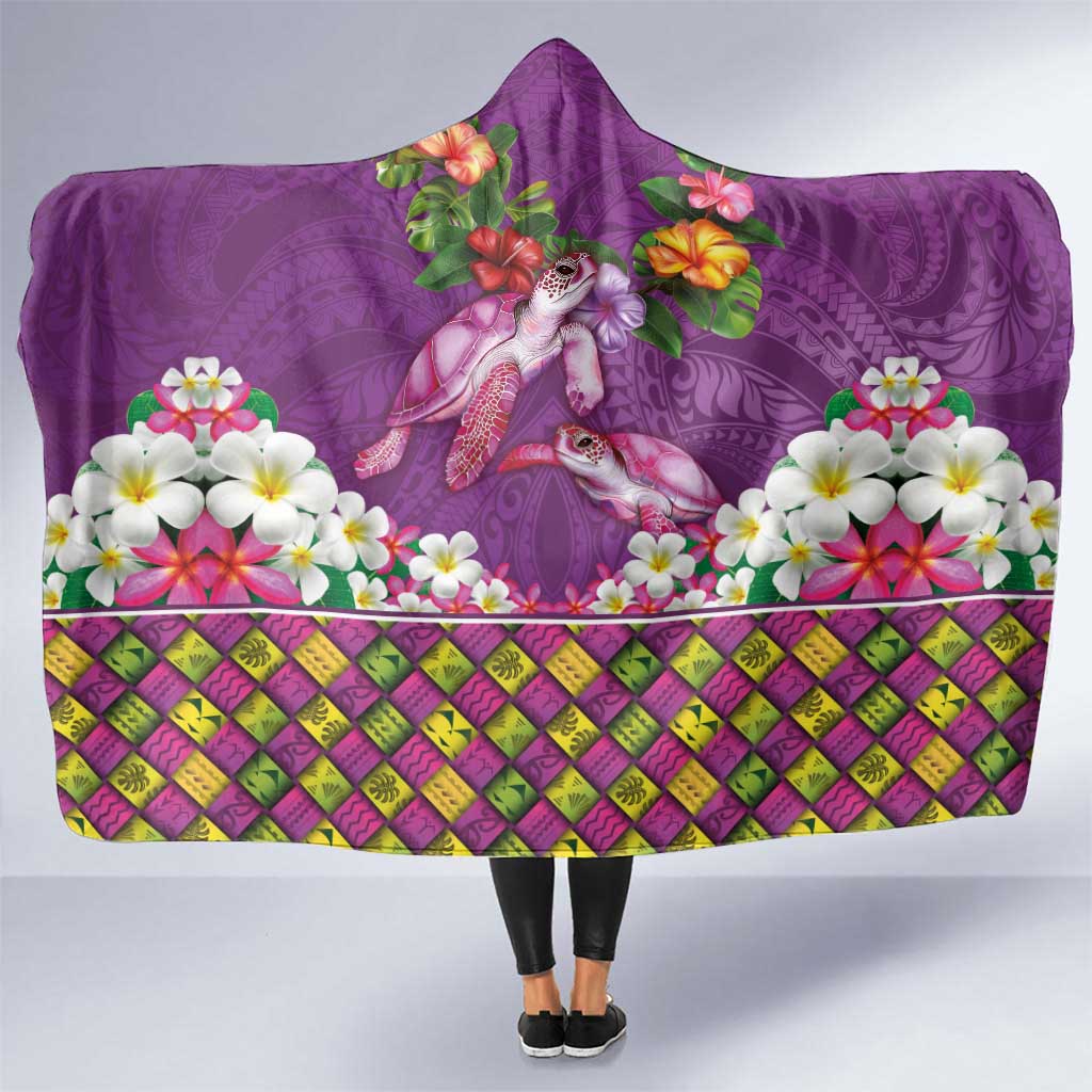 Hawaiian Lei Turtle and Plumeria Hooded Blanket Polynerian Art Tattoo-Mauve Color